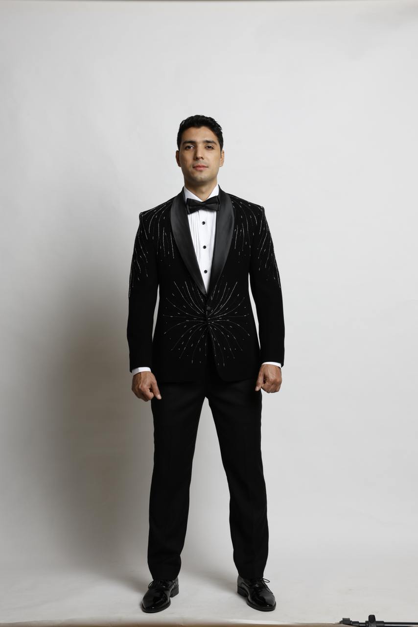 Black evening tuxedo with starburst embroidery