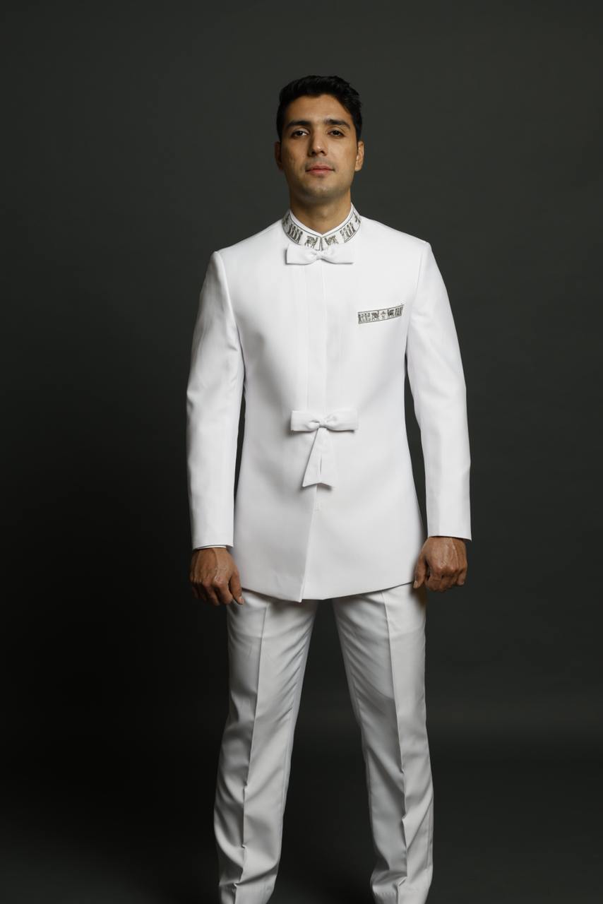 Embroidered Designer Dagli worn by model with embroidered collar and pocket detail